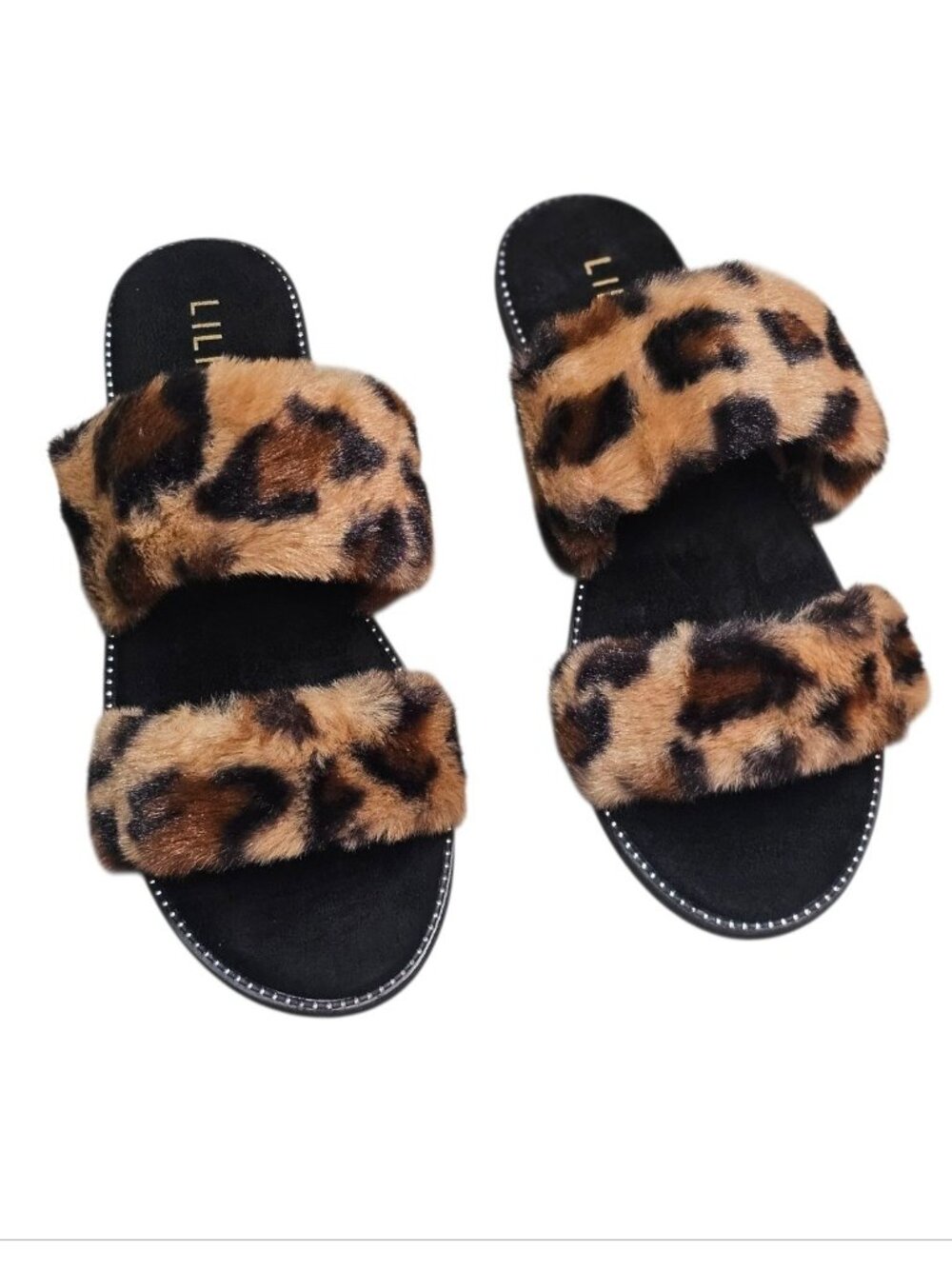 Leopard Print Faux Fur Double Strap Slides Chic Womens Indoor/Outdoor Footwear